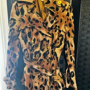 Cache Leopard Print Trench Coat in Brown and Black